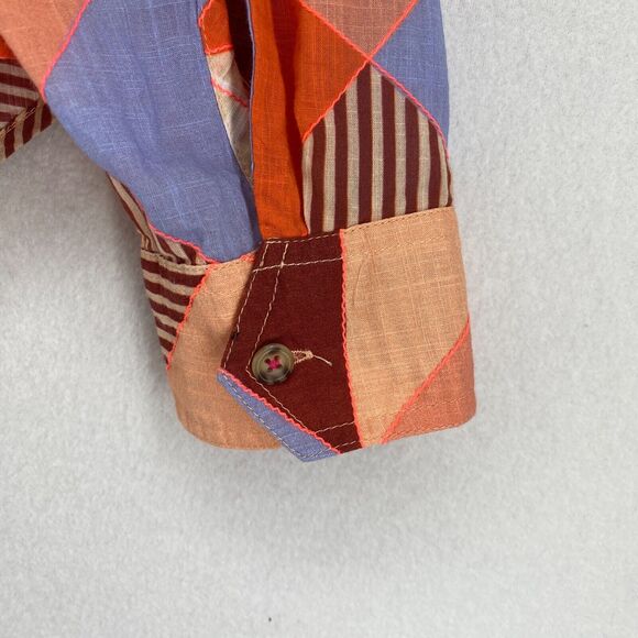 MAEVE ANTHROPOLOGIE Top L Patchwork Shirt Button Front Roll Tab Sleeve Pink Blue - Picture 10 of 16
